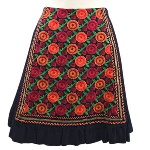 Ann Mashburn Floral Embroidered A-Line Skirt Sz Medium Folk Art Lined Ruffle Hem